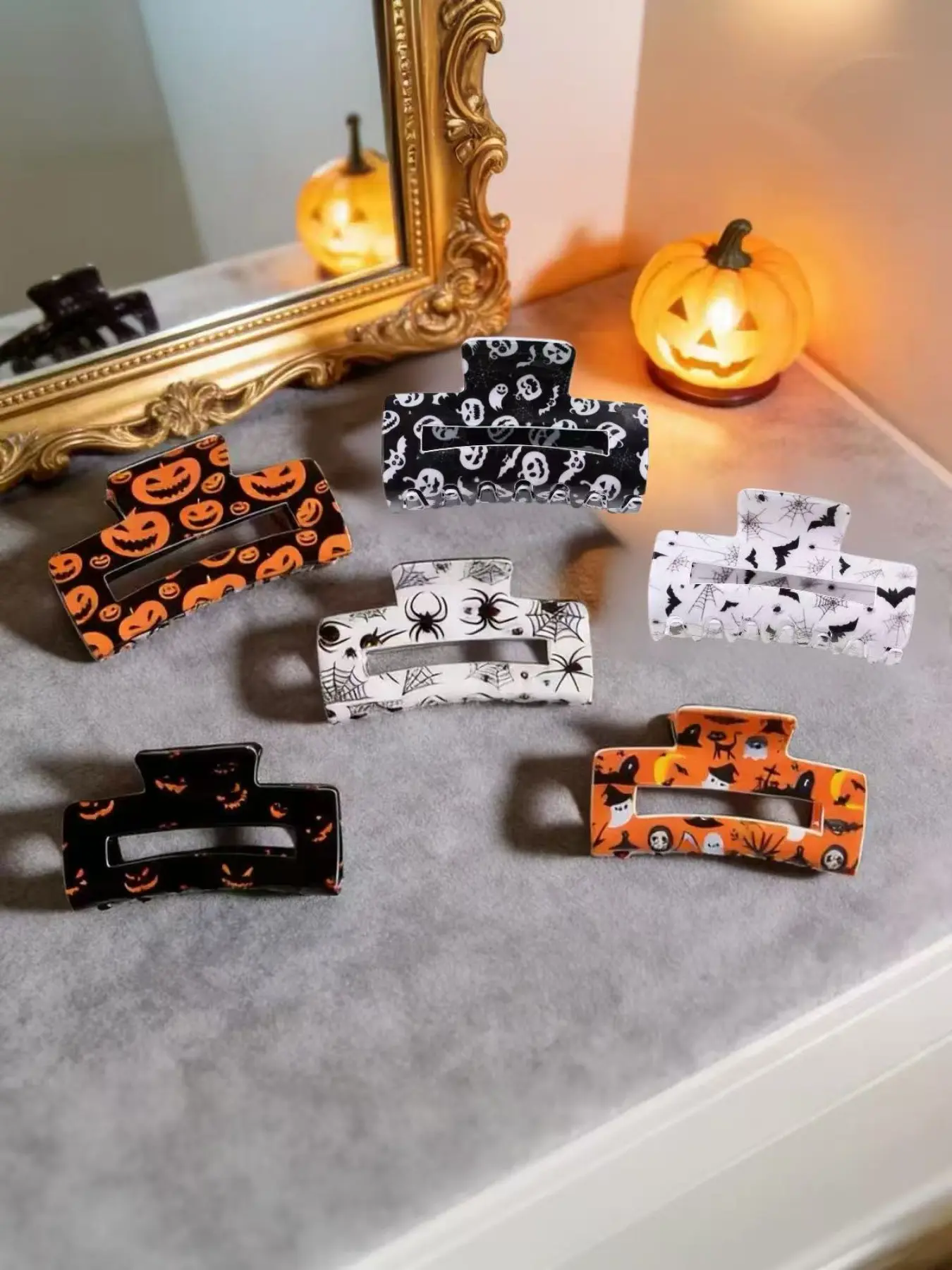 7 Pack Halloween Hollow Rectangle Hair Claw Clips, Pumpkin Ghost Spider Web Skull Witch Print Shark Clips, Gothic Spooky Season Hair Accessories for Women Girls, Thick Hair Hold, Halloween Party Cosplay Daily Outfit Gift