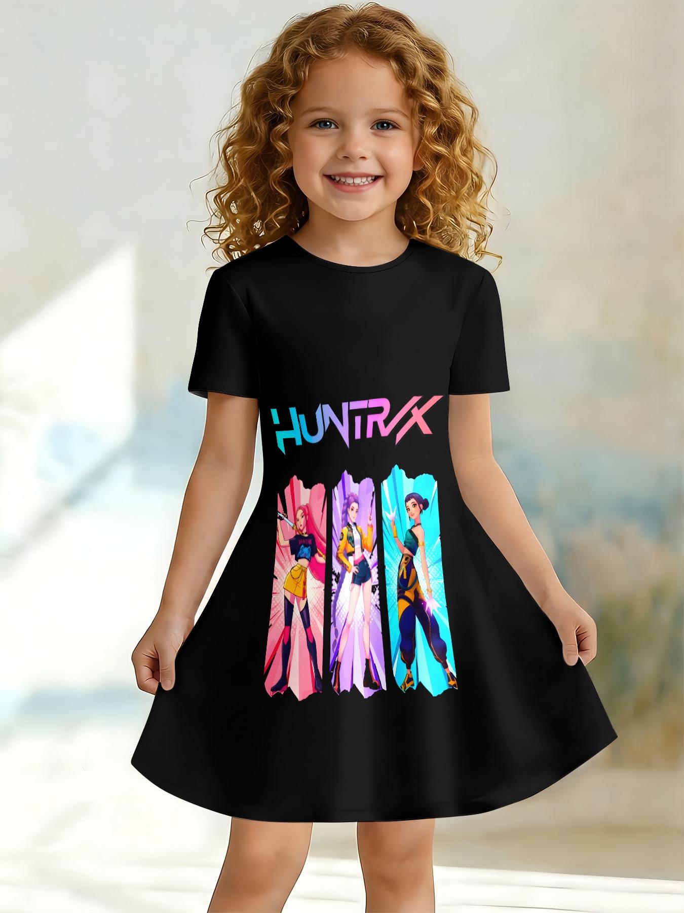 Trendy Idol Style Cartoon Girl Print Kids Dress, Girls Summer Short Sleeve Pleated Skirt, Baby Personalized Versatile Dress