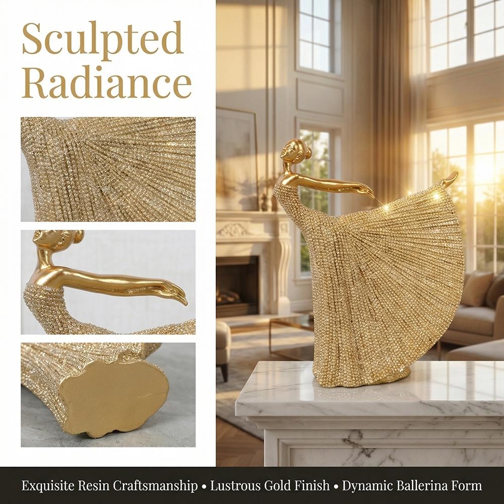 Golden Ballerina Resin Statue, Beaded Textured Dancer Decor, Luxury Art Figurine, Modern Home Accent, Tabletop Shelf Ornament