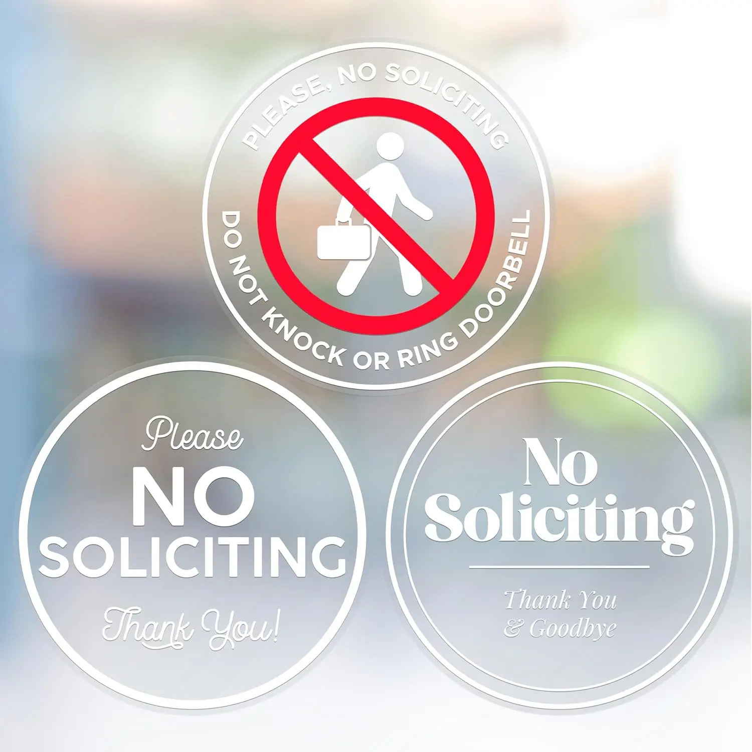 No Soliciting Window Stickers - 2.75" Round Transparent Vinyl Sticker Sign - Select From Sticky Front or Sticky  For Interior or Exterior Use - 3 Designs (Interior)