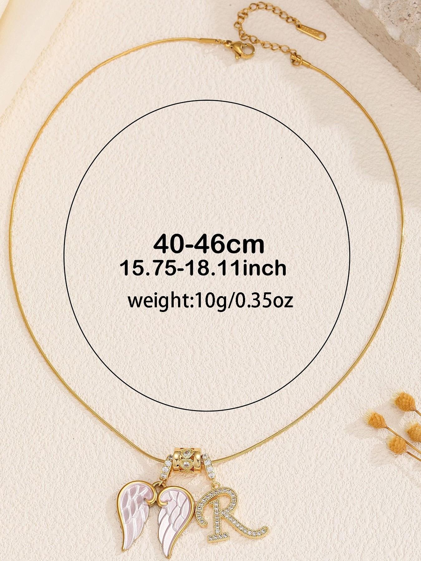 Vintage Sweet Style Wing Charm & 26 Letter Design Pendant Necklace, Women's Zircon Inlay Jewelry, Alphabet Letter Necklace