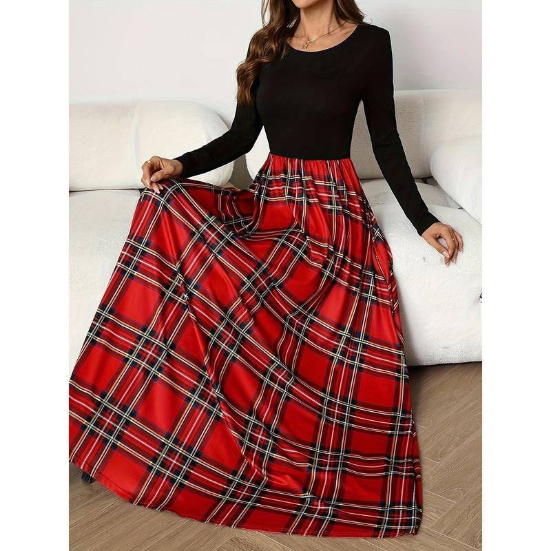 Women's Elegant Red and Black Plaid Maxi Dress - Fashionable Long Sleeve A-Line Dress - Round Neck Polyester Comfortable Fit for All Seasons - Long Sleeve Dress Casual Fabric summer outfits mom sundresses camel royal outfit Womenswear Knitted