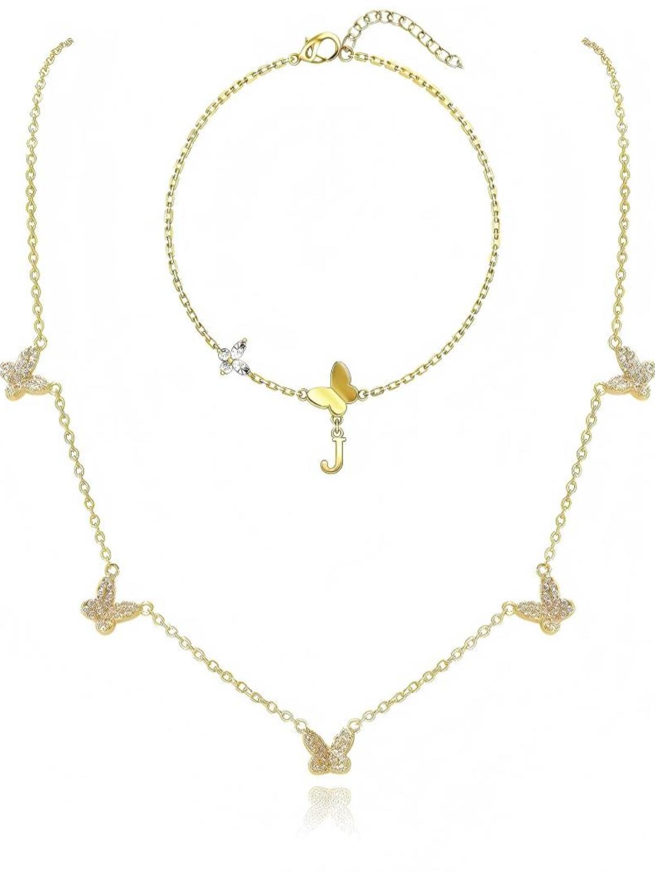 2 Piece Butterfly Necklace Bracelet Set, Women's Unique Letter Jewelry, Trendy Layered Chain Gift, Cute Fashion Accessories