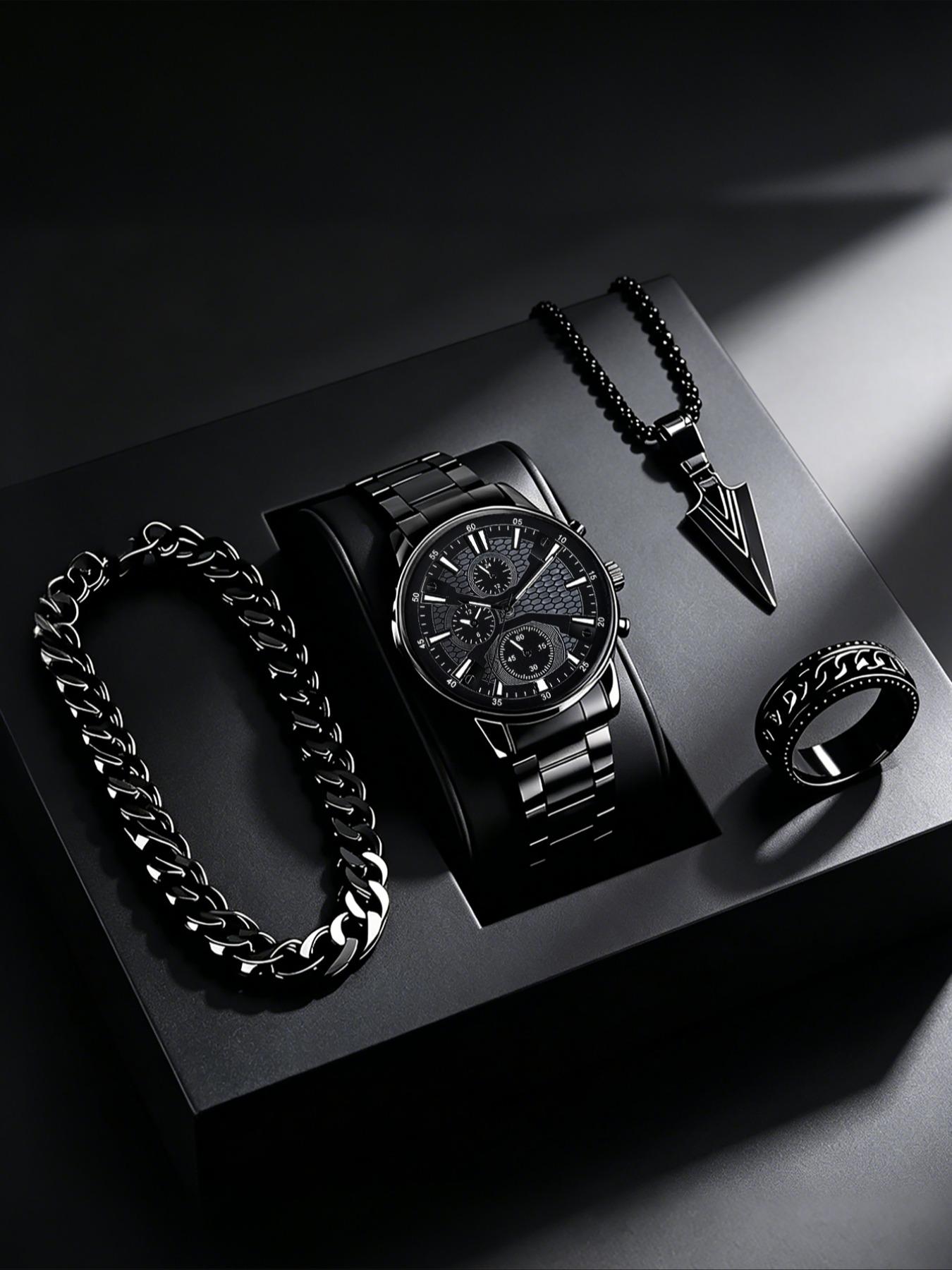 4pcs Men's Fashion Elegant Watch Set, Stainless Steel Quartz Wristwatch, Includes Bracelet, Necklace, Ring, Ideal Gift for Business or Casual Wear