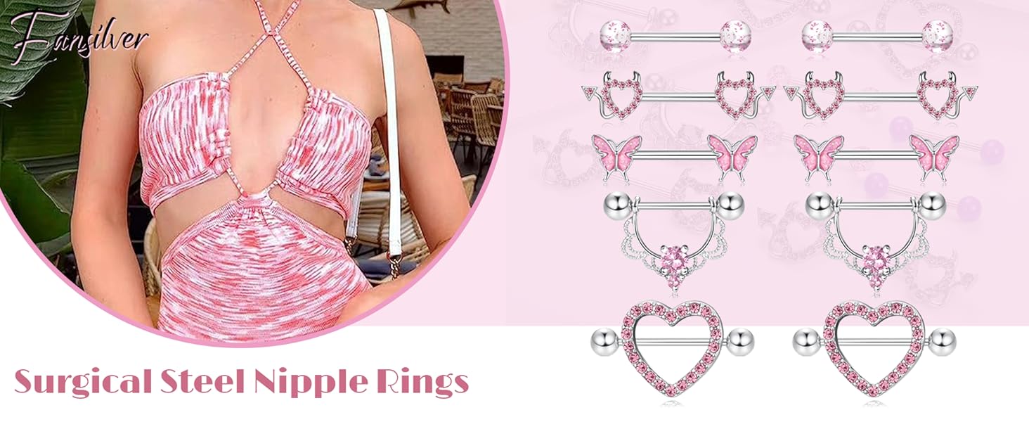 7 Pairs 14G Nipple Rings Steel Nipple Piercing CZ Heart Butterfly Barbell Tongue Rings Set Cute Nipple Tongue Piercing Jewelry Body Piercing Jewelry for Women