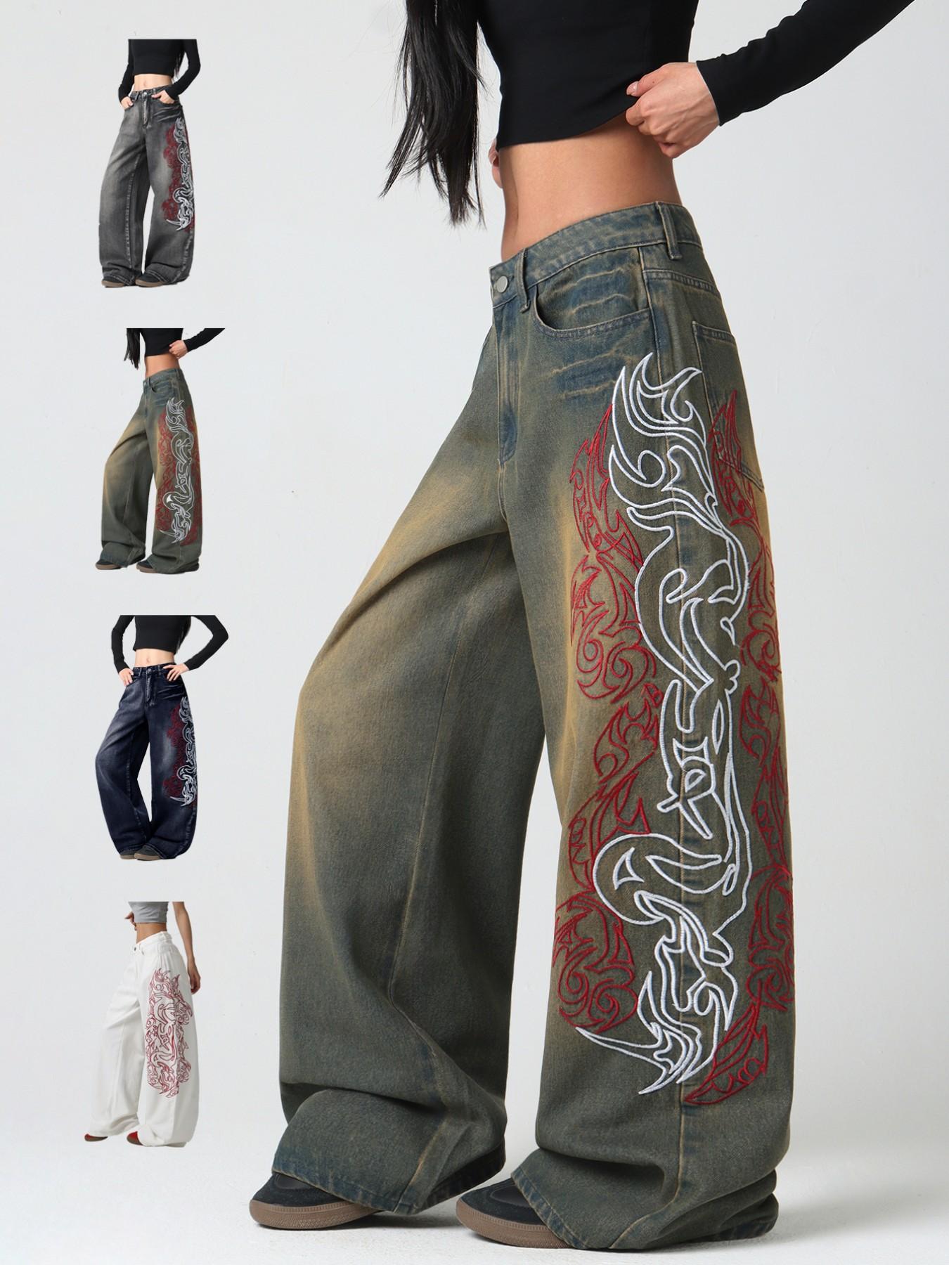 Women's Totem Embroidered Jeans, American Street Style, Comfortable Loose Fit, Trendy Wide Leg Pants, Fashionable All-Season, Casual Comfy Denim, Embroidered Denim Pants, Denim Clothing