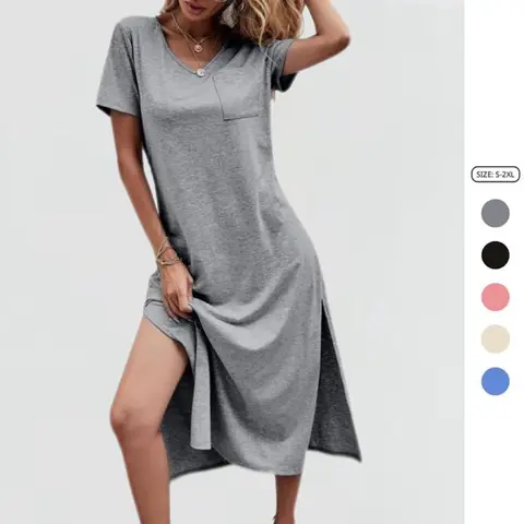 Women's Chic Lady's V-Neck Short Sleeve Loose-Fit Maxi Dress - Elastane Polyester Blend, Chest Pocket, Side Slit, Matching Shirt-Friendly, Daily & Travel Wear