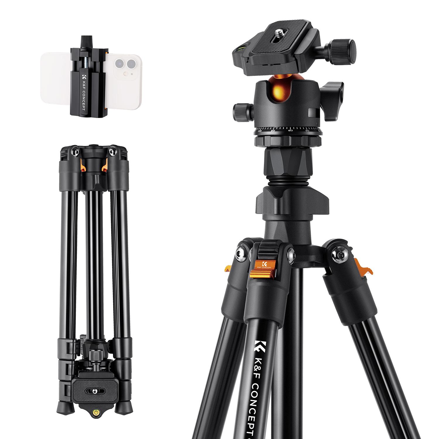 【K&F CONCEPT】K&F Concept 64 inch/163cm Camera Tripod,Lightweight Travel Outdoor DSLR Tripods with 360 Degree Ball Head Load Capacity 8kg/17.6lbs,Cellphone Clip for Smartphone Live Streaming Vlog O234A1+BH-36 ，deskmount