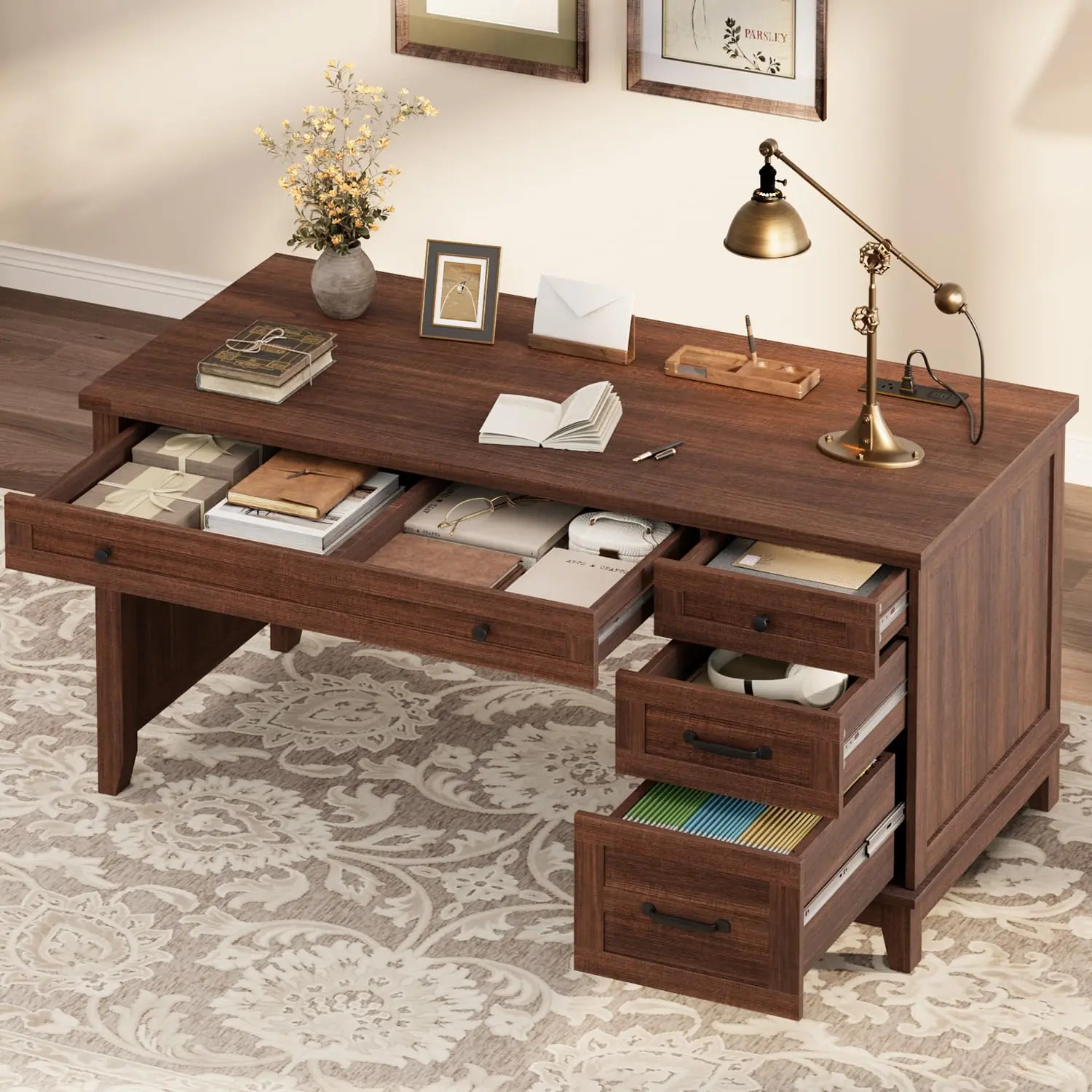 GARVEE Executive Desk with Drawers, Farmhouse Home Office Desk with Charging Station, 53.54 in Wooden Computer Desk for Work Study Writing,Brown