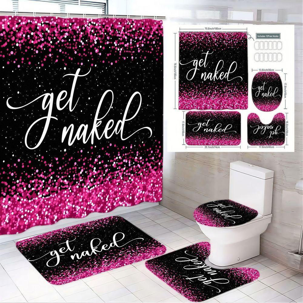 1/4pcs Pink & Black 'Get Naked' Bathroom Set, Shower Curtain with Confetti, Matching Toilet Seat Cover, 2 Bath Mats - Glamorous Playful Decor for Birthday, Party, Bridal Shower, Housewarming Gift
