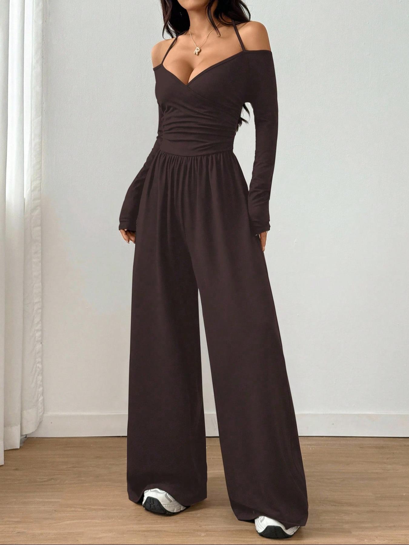 Women's Casual Solid Color Ruched Wide Leg Jumpsuit with Halter-Neck, Stylish and Comfortable Jumpsuit for Daily Wear Women's Casual Solid Color Ruched Wide Leg Jumpsuit with Halter-Neck, Stylish and Comfortable Jumpsuit for Daily Wear