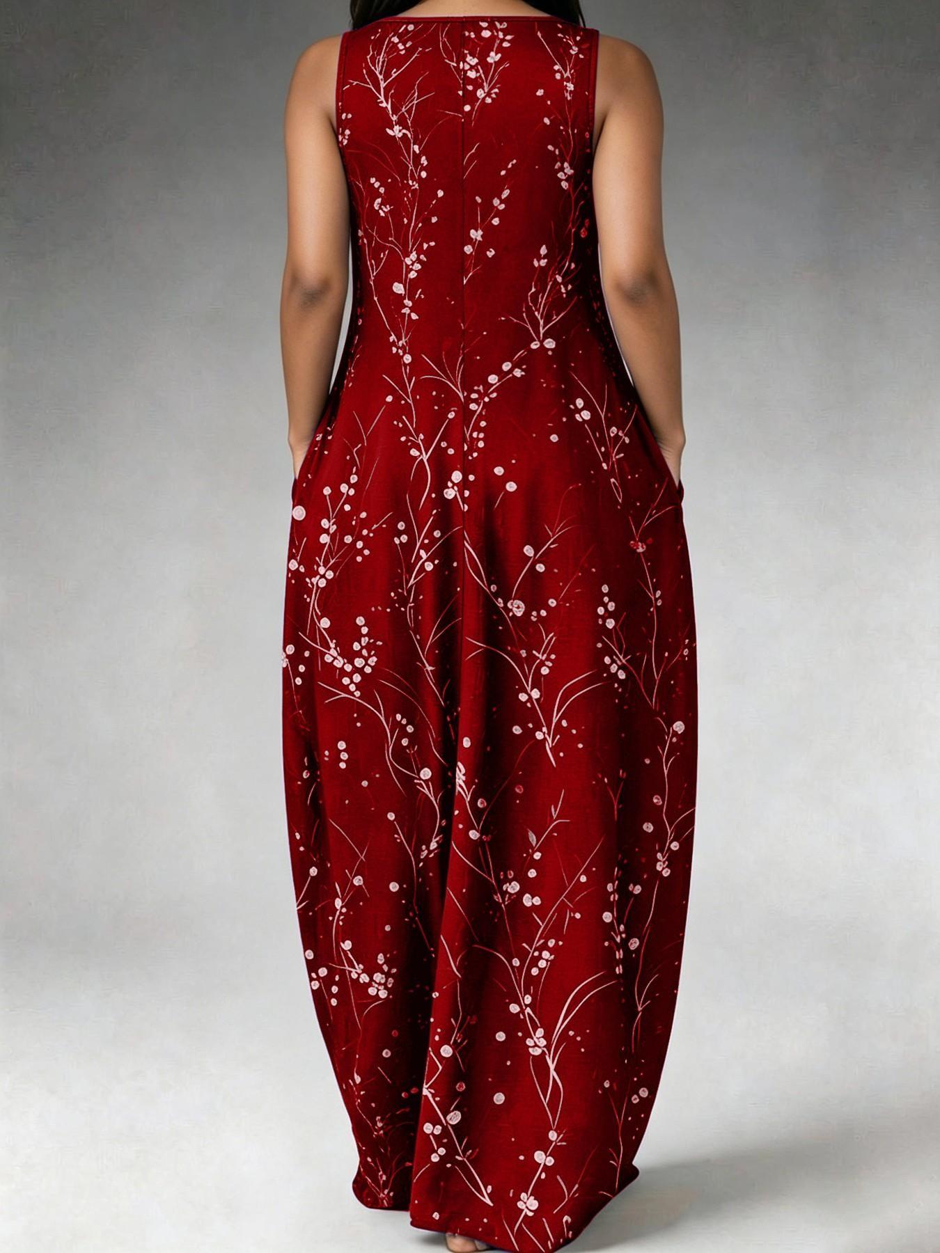 Elegant Plus Size Women's Dress, Loose-Fit Floral Branch Print, Fashionable Chic Sleeveless Long Dress