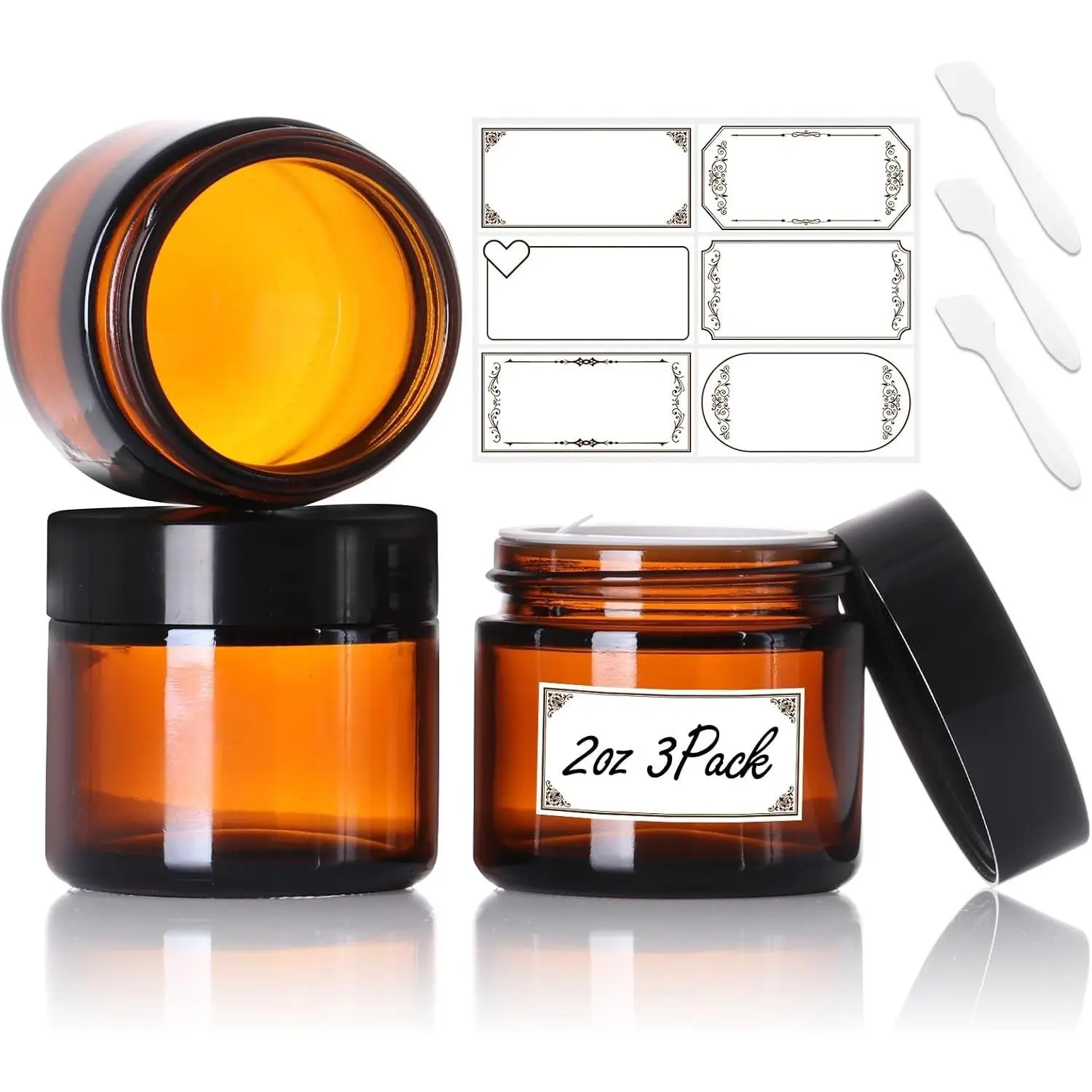 2oz Airtight Amber Glass Jars with Lids, 3 Pack Leak-Proof Small Cosmetic Containers with Inner Liners for Lotions, Scrubs, and Candle Making, Includes Labels & SpatulasGift