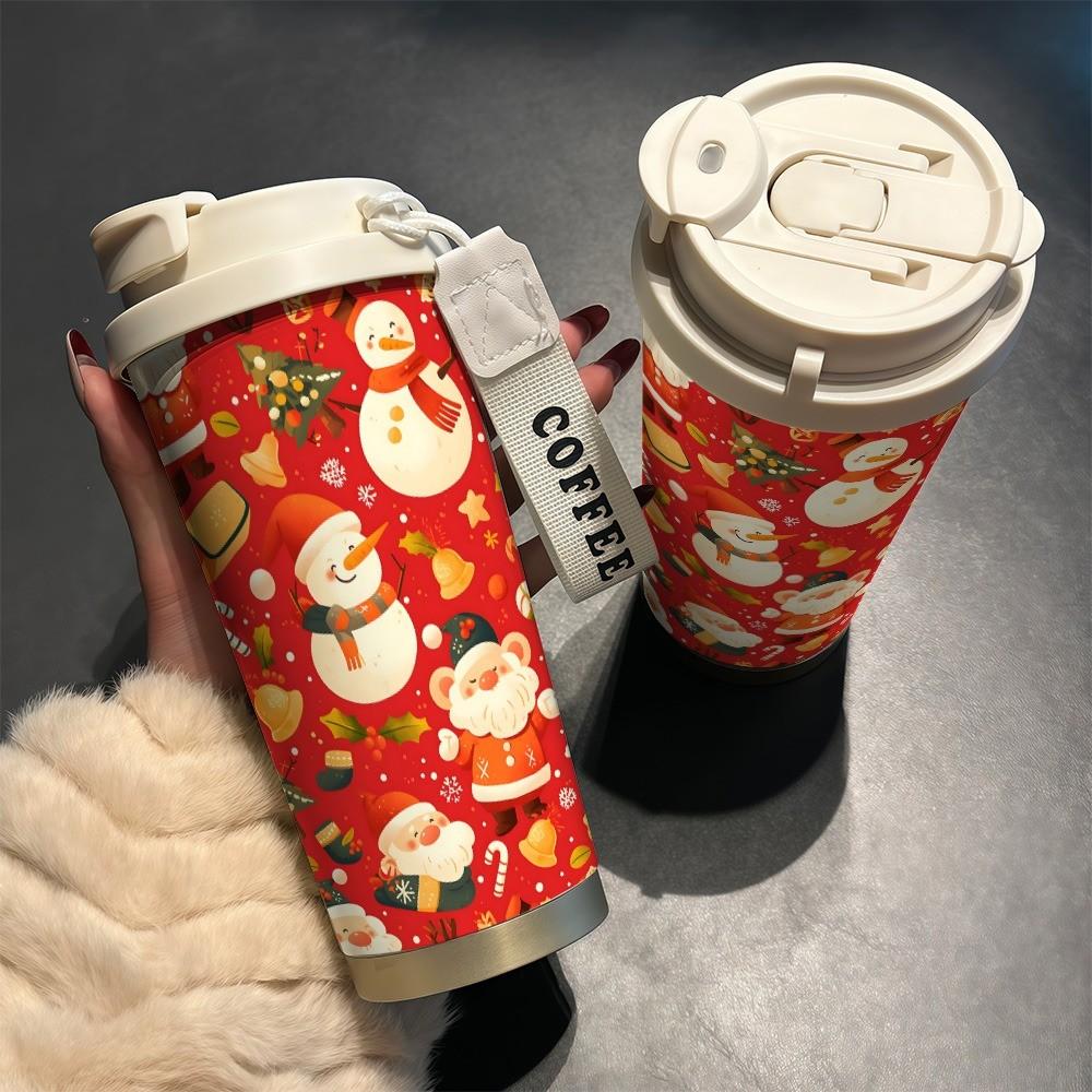 Festive Snowman Coffee Cup, 530ML Insulated Travel Mug with Straw and Lid, Leak-Proof, Suitable for Hot/cold Drinks, Perfect Gift