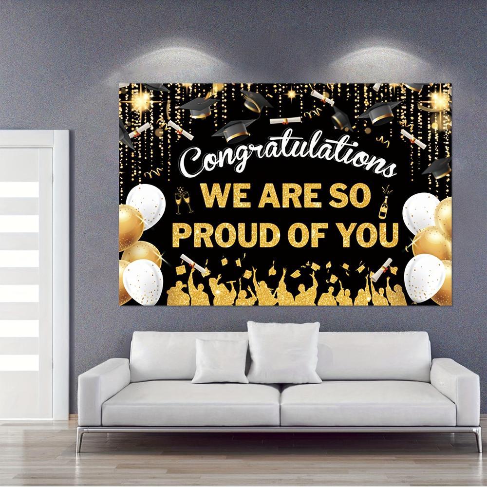 Graduation Party Backdrop Vinyl Banner - 5x3ft Black Bachelor Cap & Golden Balloon Design with "Congrats We Are So Proud of You" for Grad Photos, Prom Decor and Celebratory Events