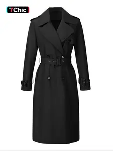 Women's Fall Winter Casual Long Windbreaker Jacket, Belted Waistcoat with Pockets, Plain Design, Fitted Style, Outdoor Wear