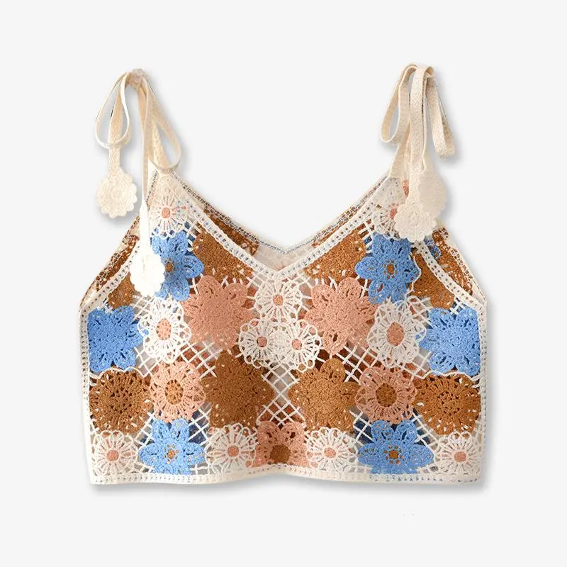 Tie Strap Crochet Cami Top Sheer Open Knit Floral Embroidery Crop Tops for Women Teengirl Fairycore Summer Outfit