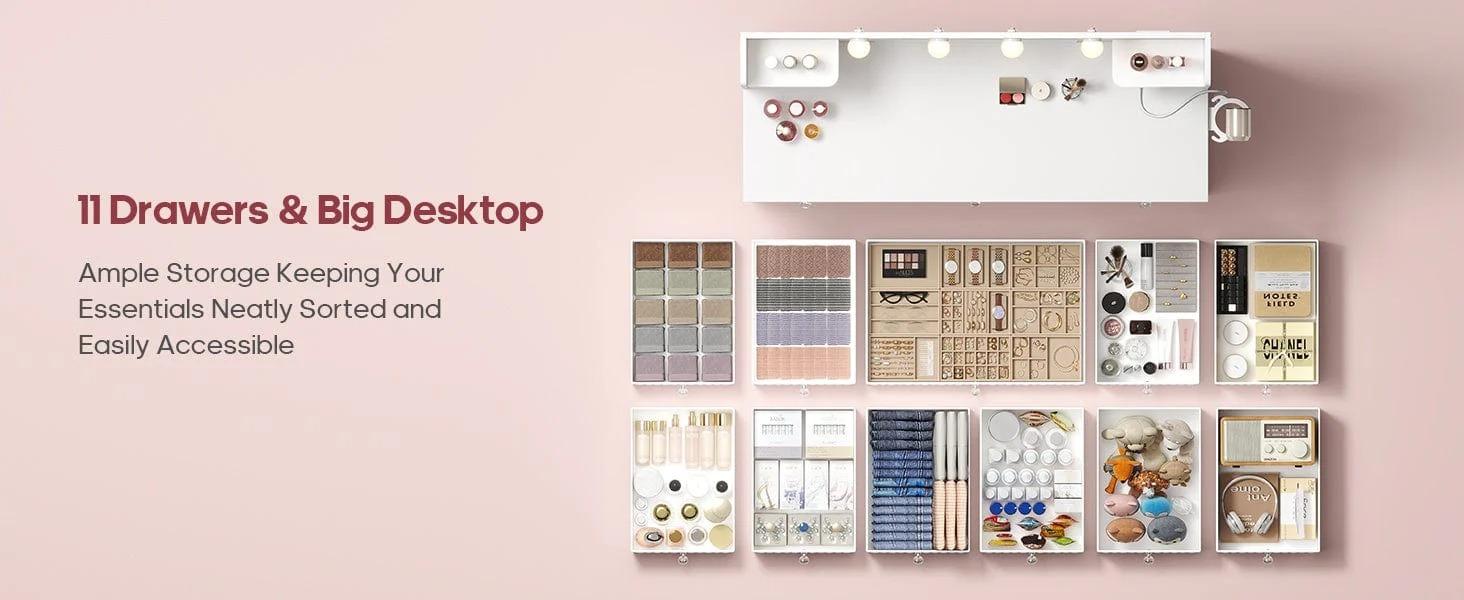 Sikaic Makeup Vanity with 11 Drawers and 6 Open Shelves Modern Dressing Table with 3 Color Modes Lights, Power Strip and Storage Sikaic Makeup Vanity with 11 Drawers and 6 Open Shelves Modern Dressing Table with 3 Color Modes Lights, Power Strip and Storage