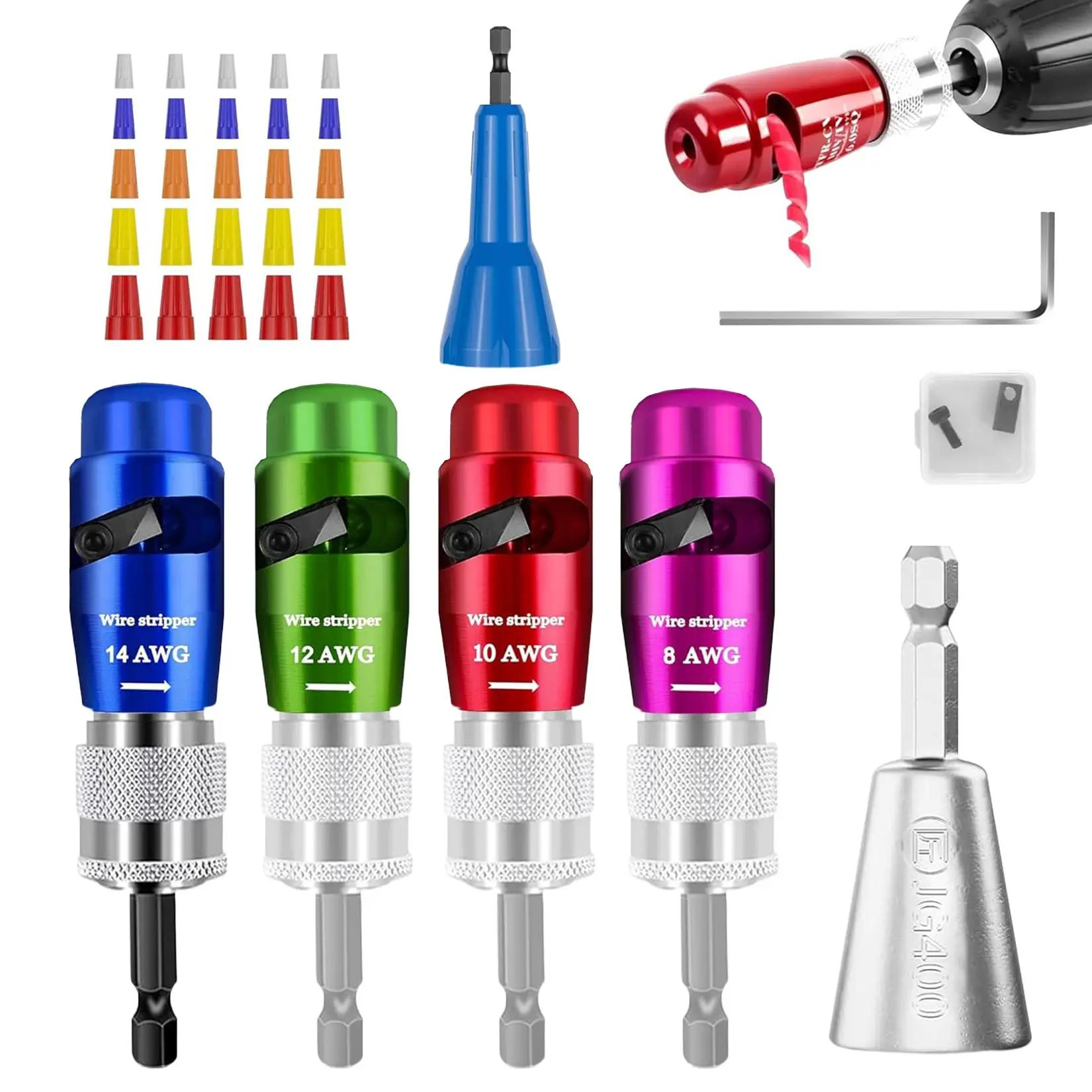 7PCS Wire Stripper & Drill Bit Set – Electrician Prep Kit with Tungsten Steel Blades, Zinc Alloy Connectors, Professional for Electrical Wiring
