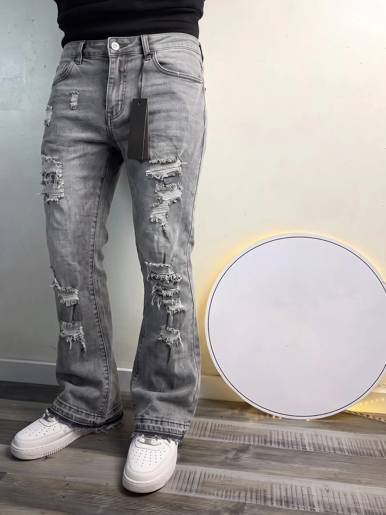 Y2K American Vintage Ripped Hole Micro Flare Jeans for Men, Stretch Slim Fit Street Style, All Season Wear, Plain Surface