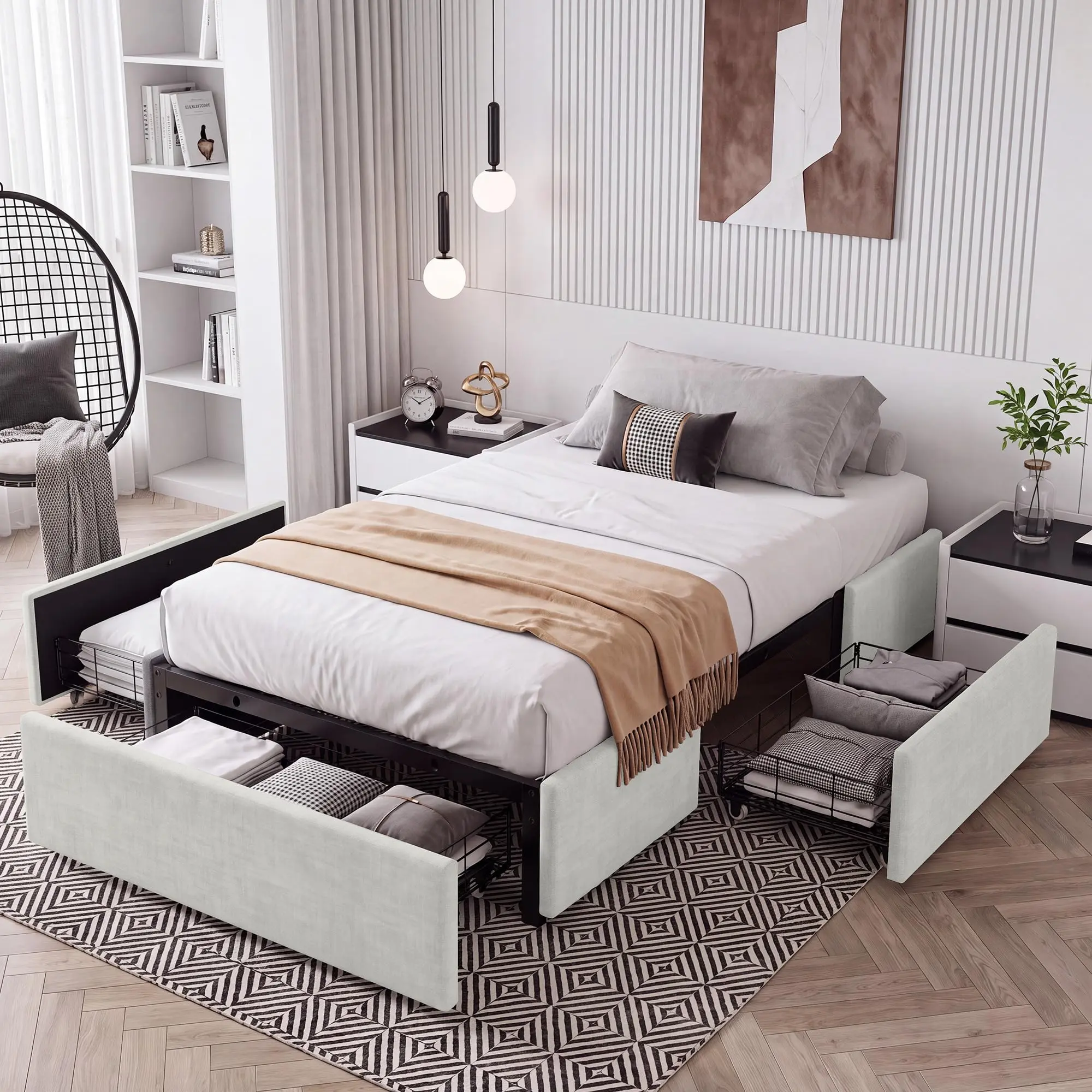 Twin/Full/Queen Size Bed Frame with 3 Underbed Storage Drawers, Upholstered Platform Bed Frame, No Headboard, No Box Spring Needed
