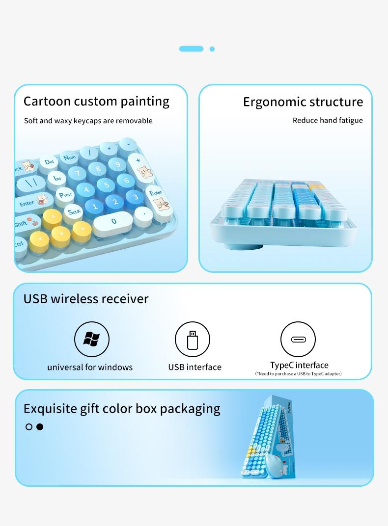 MOFii 1 Set Blue Bear Wireless Keyboard and Mouse Combo, Aesthetic Desk Essential for Students, 2.4G Plug and Play, Compatible with Laptop & Desktop, US Qwerty (Battery Not Included)