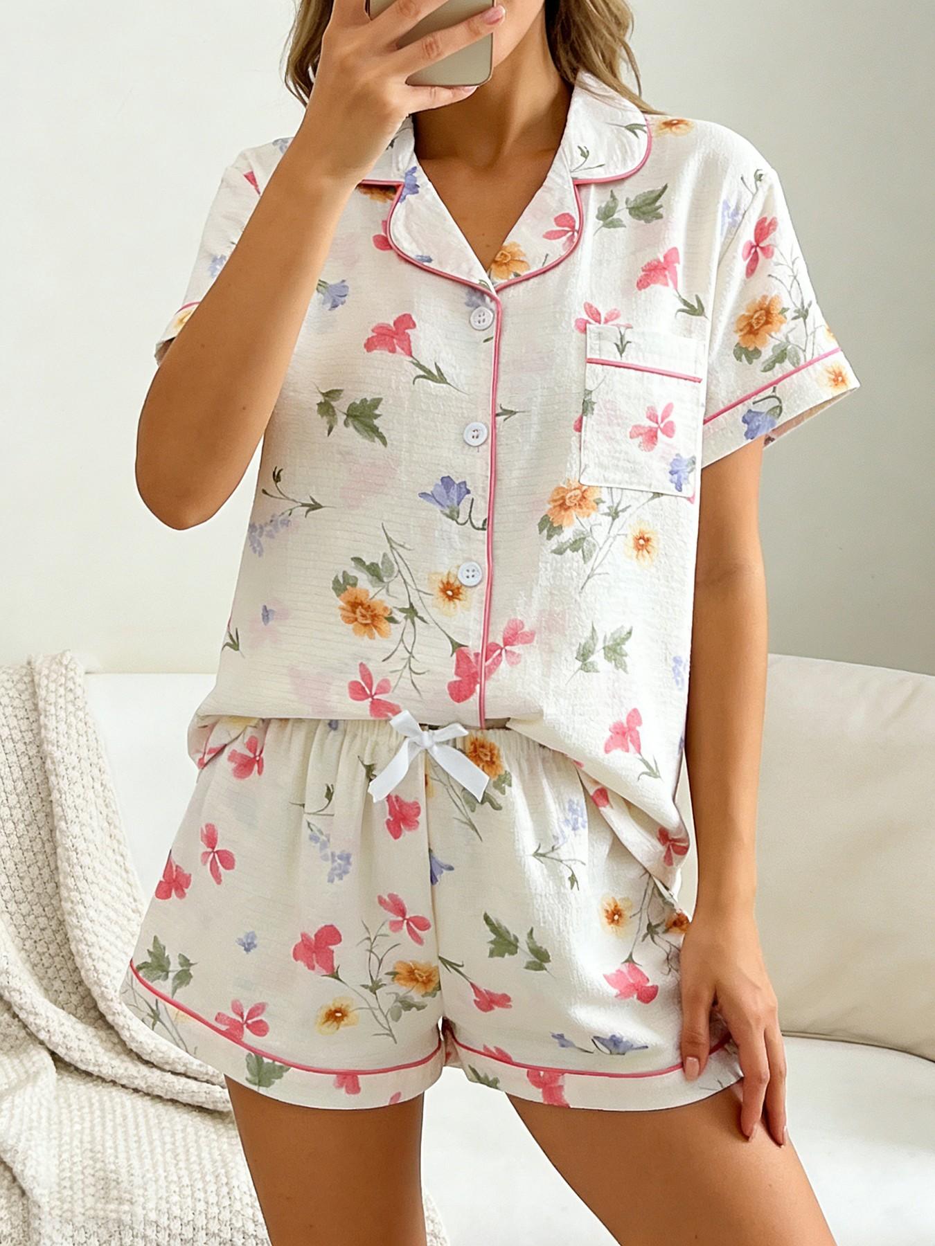 Women's Short Sleeve Button Down Top and Shorts Pajama Set, Spring Summer Wear, For Forest Style Literary Girls, Cream Base Natural Ditsy Floral Print, Classic Lapel Collar, Loose Fit, Comfortable For Home & Short Trips