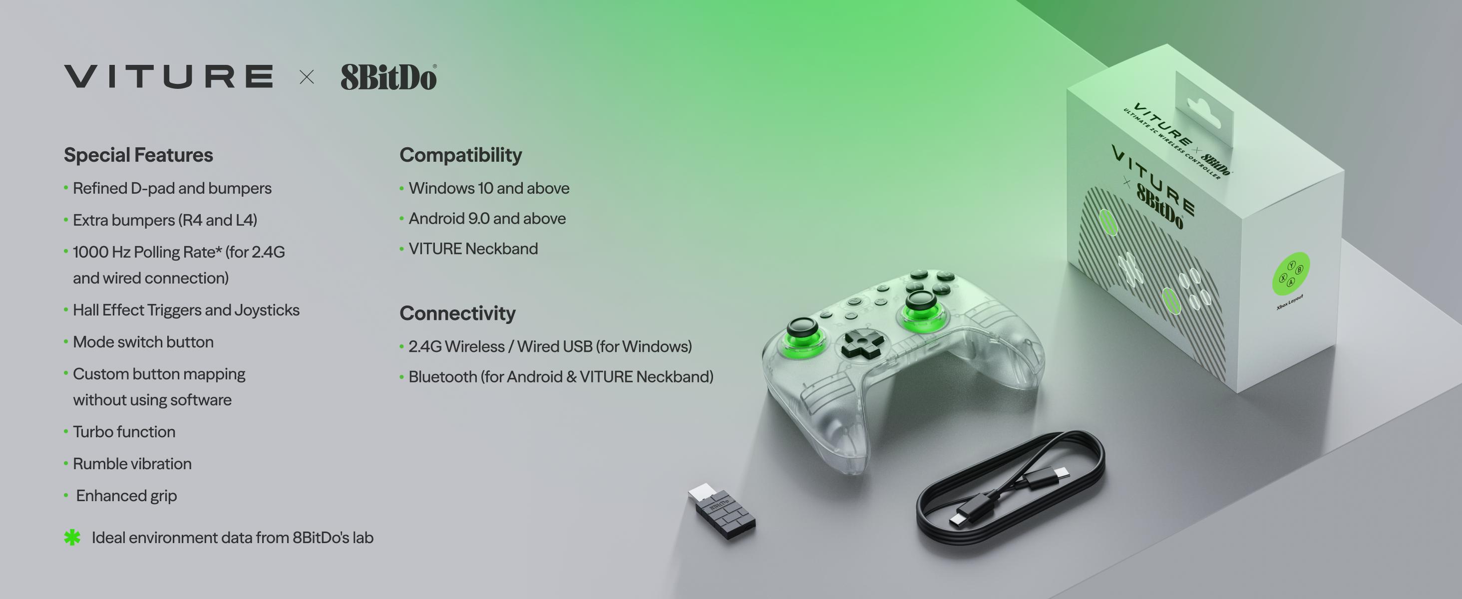 VITURE × 8BitDo Ultimate 2C 3-Mode Wireless Gaming Controller for Neckband, Android & Windows | Xbox Layout | Hall Effect Joysticks | Linear Triggers | L4/R4 Mapping | Wired, Bluetooth & 2.4G