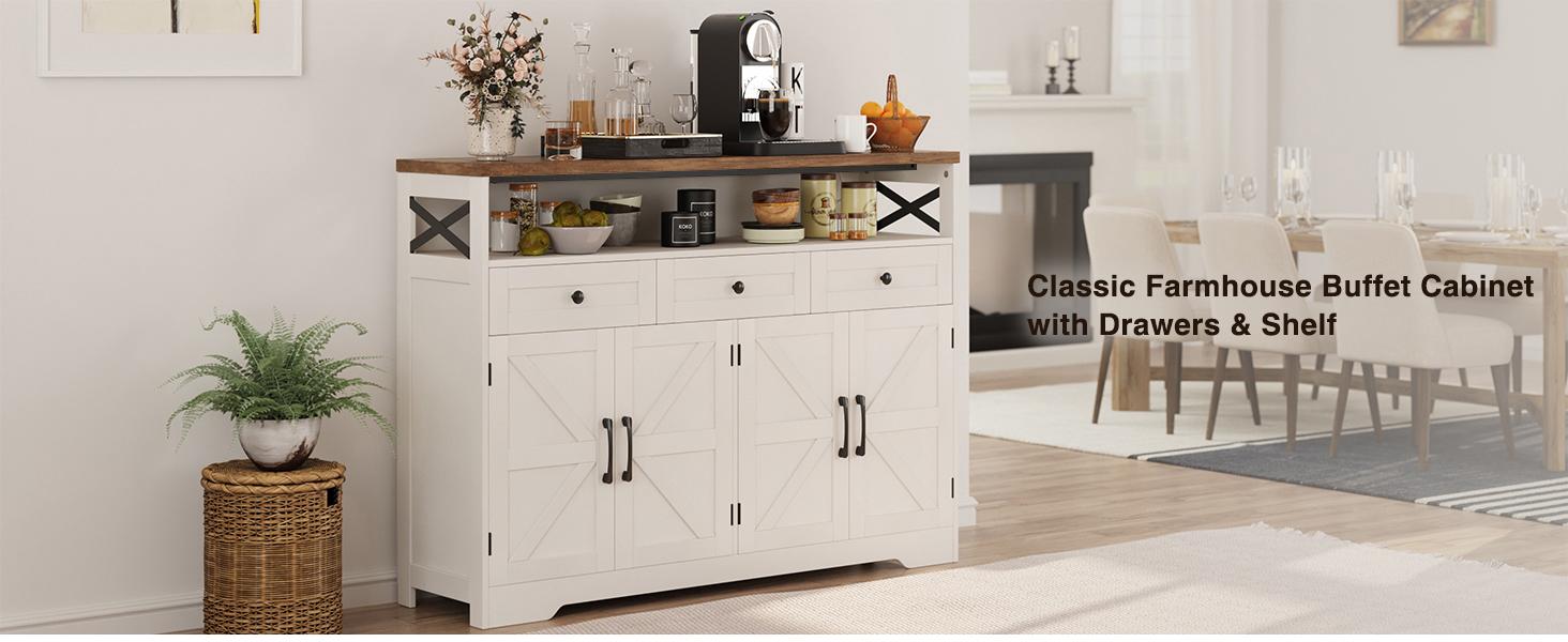 Vabches Farmhouse Buffet & Sideboard Cabinet with Storage - White Pantry Cabinet with Drawers, Wood Cupboard Hutch, Coffee Bar Station Table for Kitchen, Living Room & Dining Room