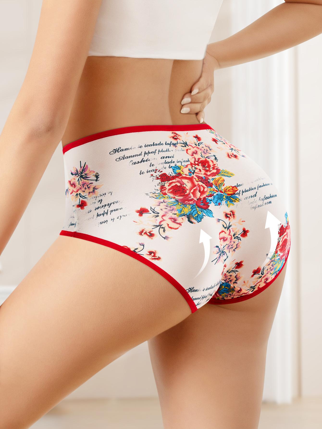QUASTI 4 Pack High Waist Cotton Briefs, Vintage Floral Print Mid-Rise Panties, Soft Breathable 92% Cotton Everyday Underwear for Women, S-XXL