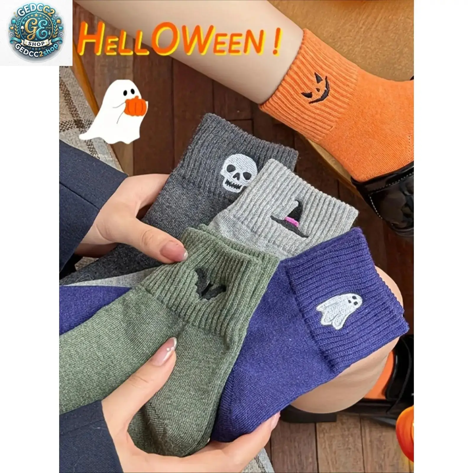 Women’s Halloween Crew Socks 5 Pairs Set, Cute Pumpkin Ghost Cartoon Socks, Cozy Soft Stretch Mid-Calf Socks for Fall, Party & Daily Wear