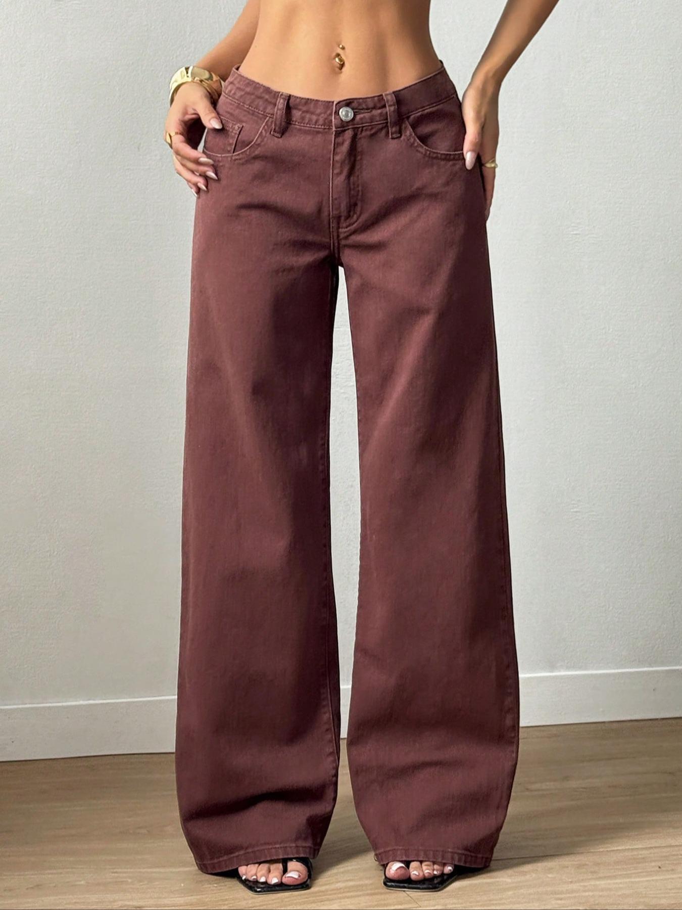 Women's Mid-Waist Wide Leg Straight Denim Jeans, Trendy Coffee Casual Fashion, Zipper Fly, Pockets, All Seasons, Pants