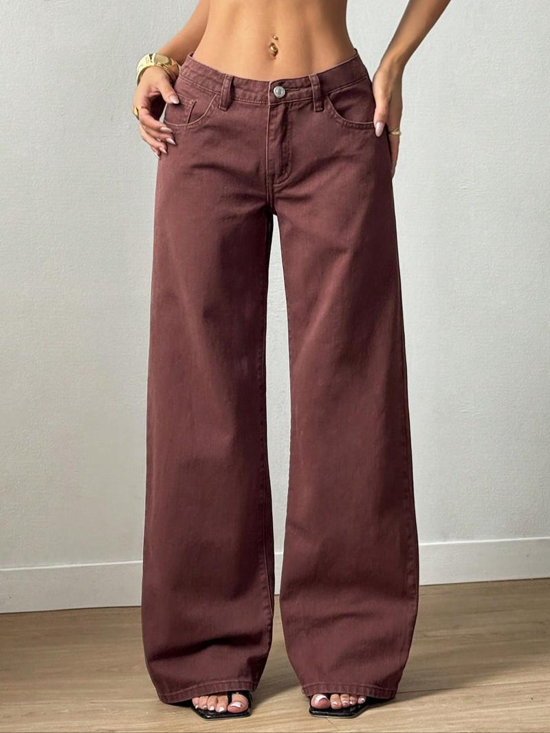 Women's Mid-Waist Wide Leg Straight Jeans, Trendy Coffee Casual Fashion, Zipper Fly, Pockets, All Seasons