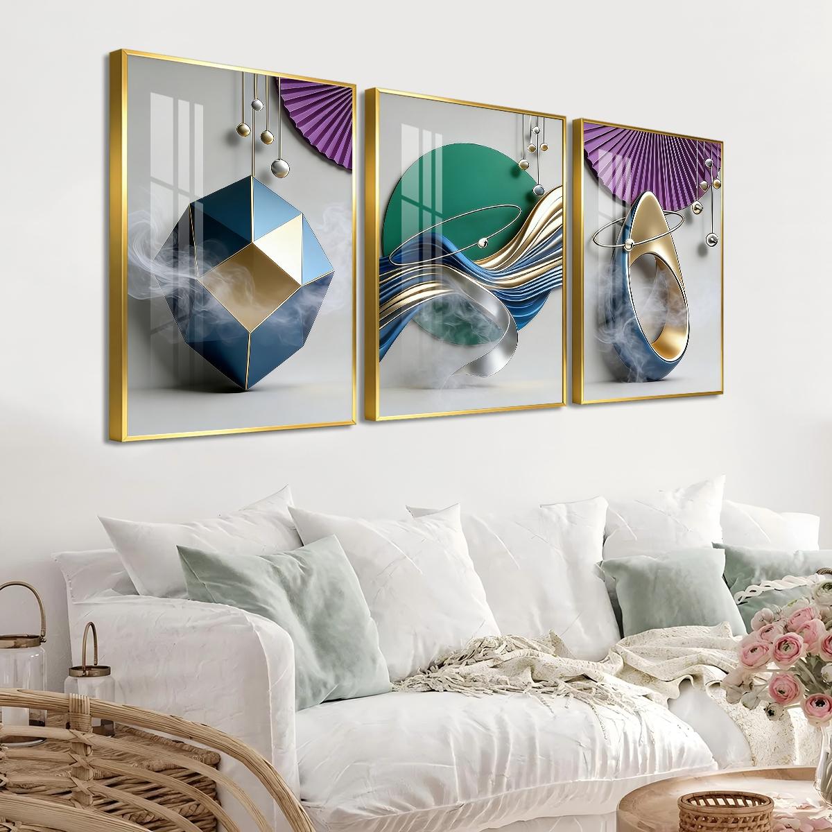 3 Counts Aluminum Alloy Framed Painting, Geometric Abstract Metallic Shapes And Smoke Art Pictures, Home Decoration For Living Room, Bedroom, Office, Restaurant, Hallway Wall Decor, Odorless Print Artwork, Luxury Perfect Gift For Friends And Family