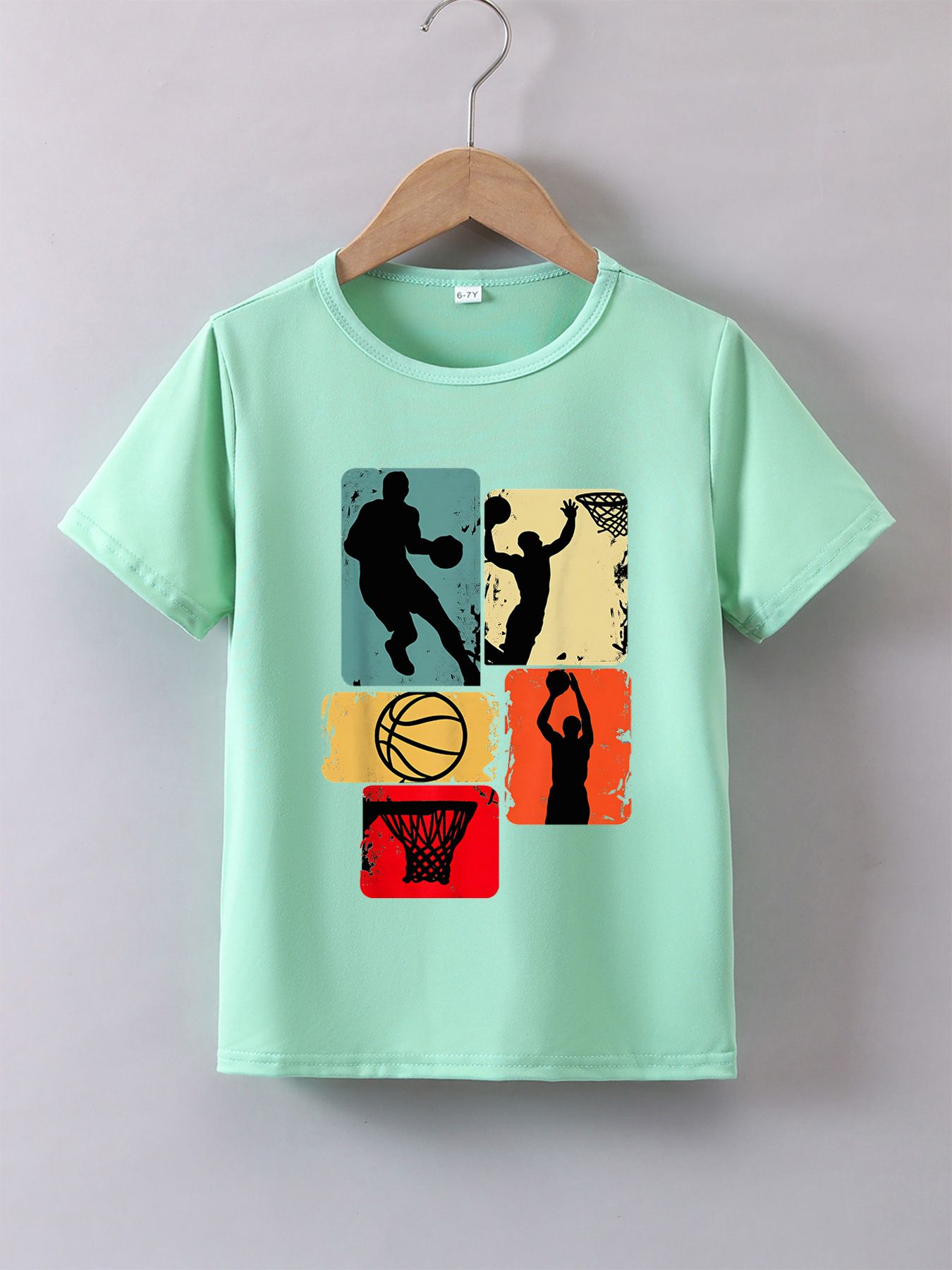 Boys' Summer Breathable & Comfortable "Retro Basketball Silhouette Collage" Cartoon Print (3-12Y) Casual Sports T-Shirt