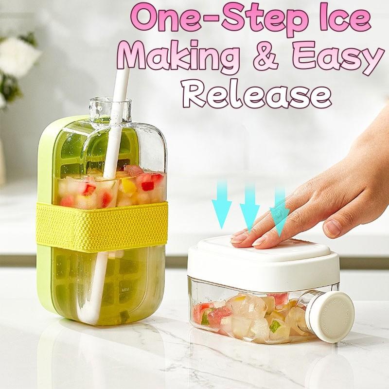 2-in-1 Press Ice Cube Tray with Ice Bucket, Portable Ice Maker Bottle, One-Step Easy Release No-Touch Ice Mold Food Grade BPA-Free Quick Freeze Ice Cube Storage Container Reusable Silicone Ice Cube Tray for Summer Cocktail Iced Coffee Smoothie Whiskey Sod