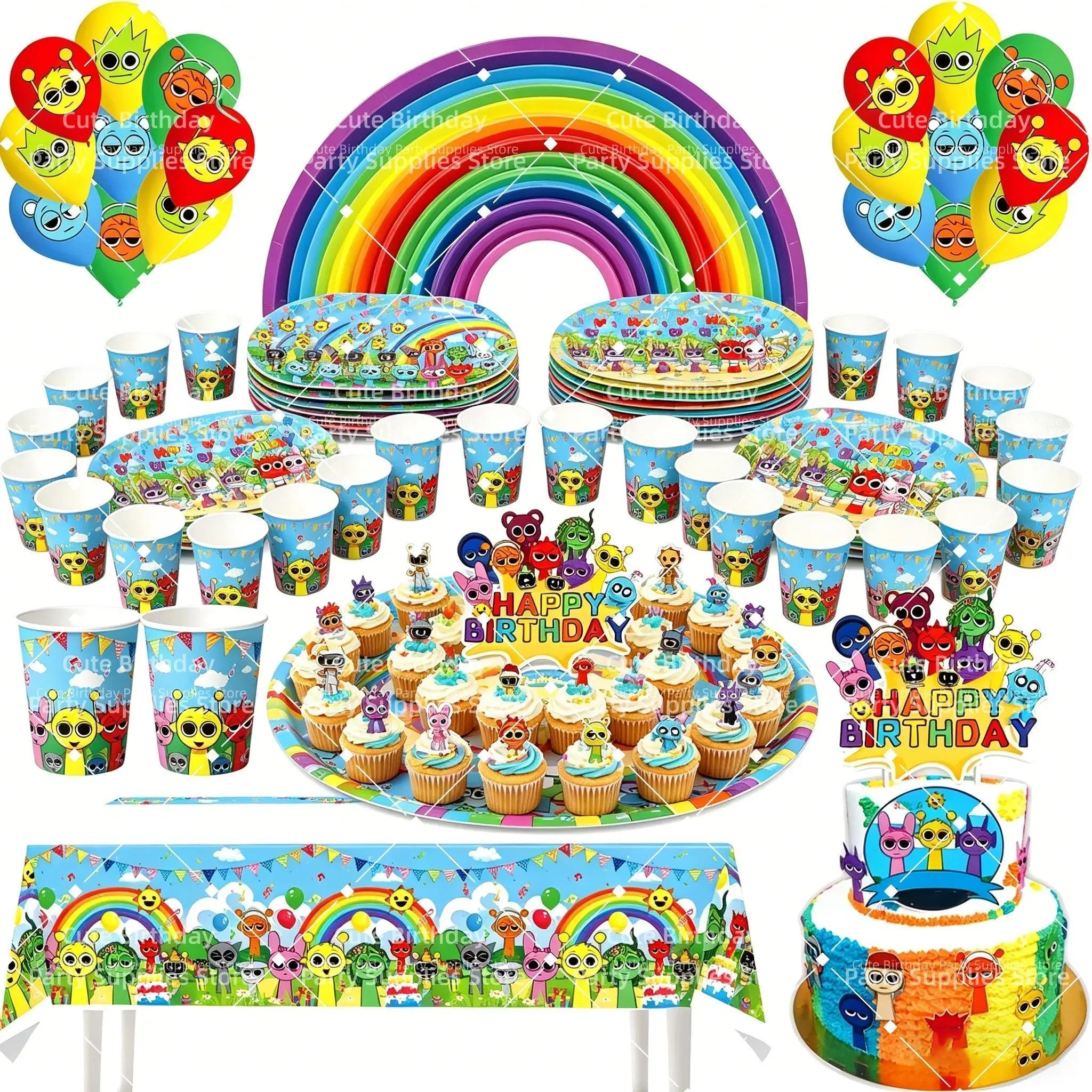 Sprunki Birthday Party Decorations Disposable Tableware Set Paper Plate Tablecloth Balloon Banners Cups Plates Kids Party Supply