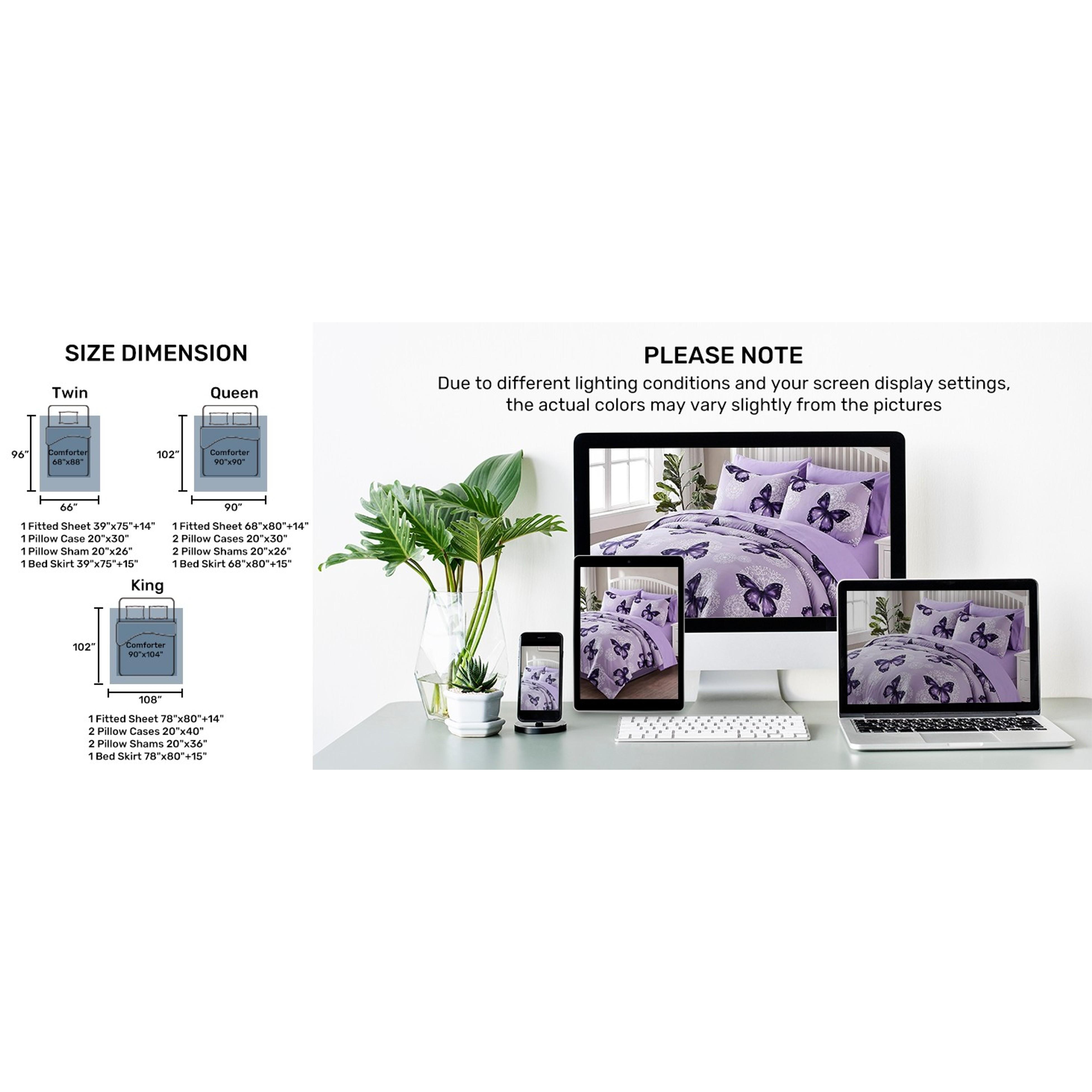Bed in A Bag Full/Queen Size 8 Pieces, Purple Butterfly All Season Bedding Comforter Bed Set with Pillow Shams, Flat Sheet, Fitted Sheet, Bed Skirt, Pillowcases