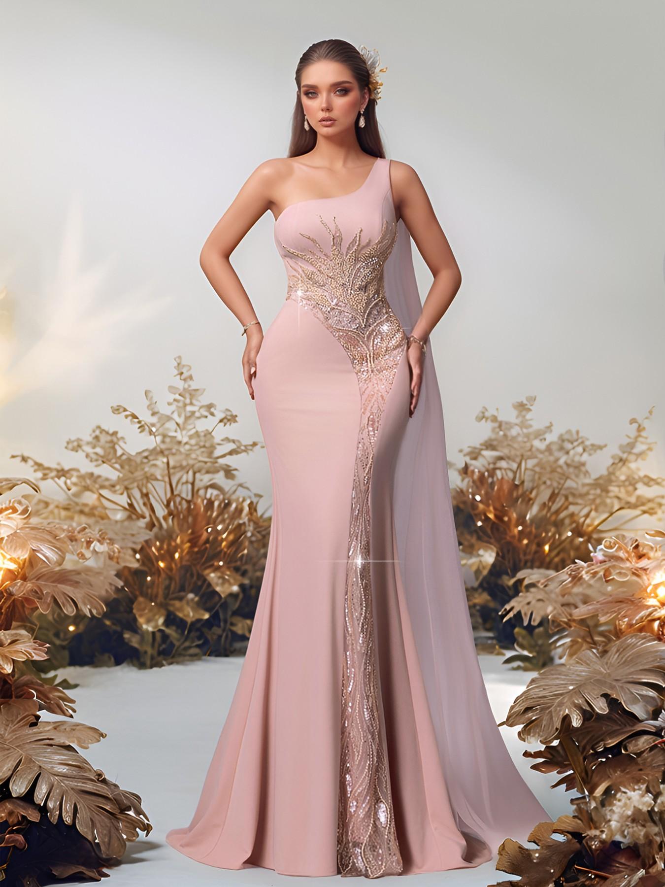 Elegant One-Shoulder Mermaid Dress with Sequins, Formal Evening Gown, Party Dress, Wedding Guest Dress, Slim Fit Long Dress, Evening Party Dresses