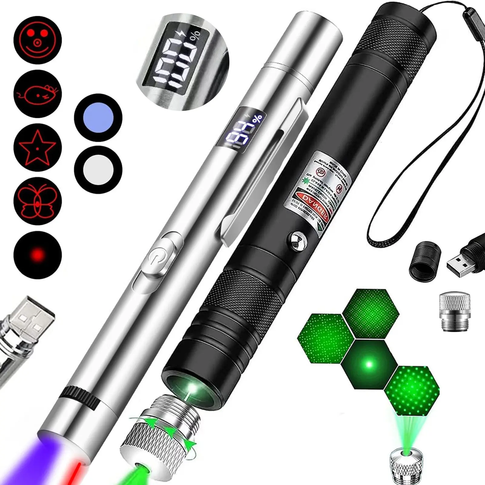 2-Piece USB Rechargeable Pet Laser Toy Set, Silver Color Digital Pointer with 5 Adjustable Modes, Battery Display Function
