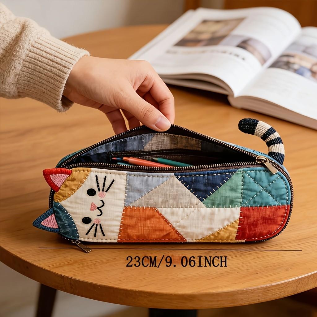 Fun Patchwork Cat Pencil Case, Perfect for Back-To-School Season, Reusable School Supplies Organizer, Ideal Gift for Kids & Students