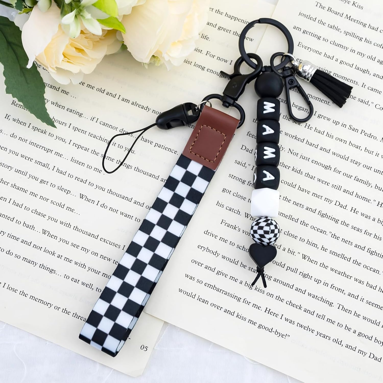 Black Checkered Mama Keychain, Wristlet Lanyard with Silicone Beads for Car Keys, Purse Charms, Backpack Accessories, Daily Carry, Mom Gifts and Fashion Key Holder
