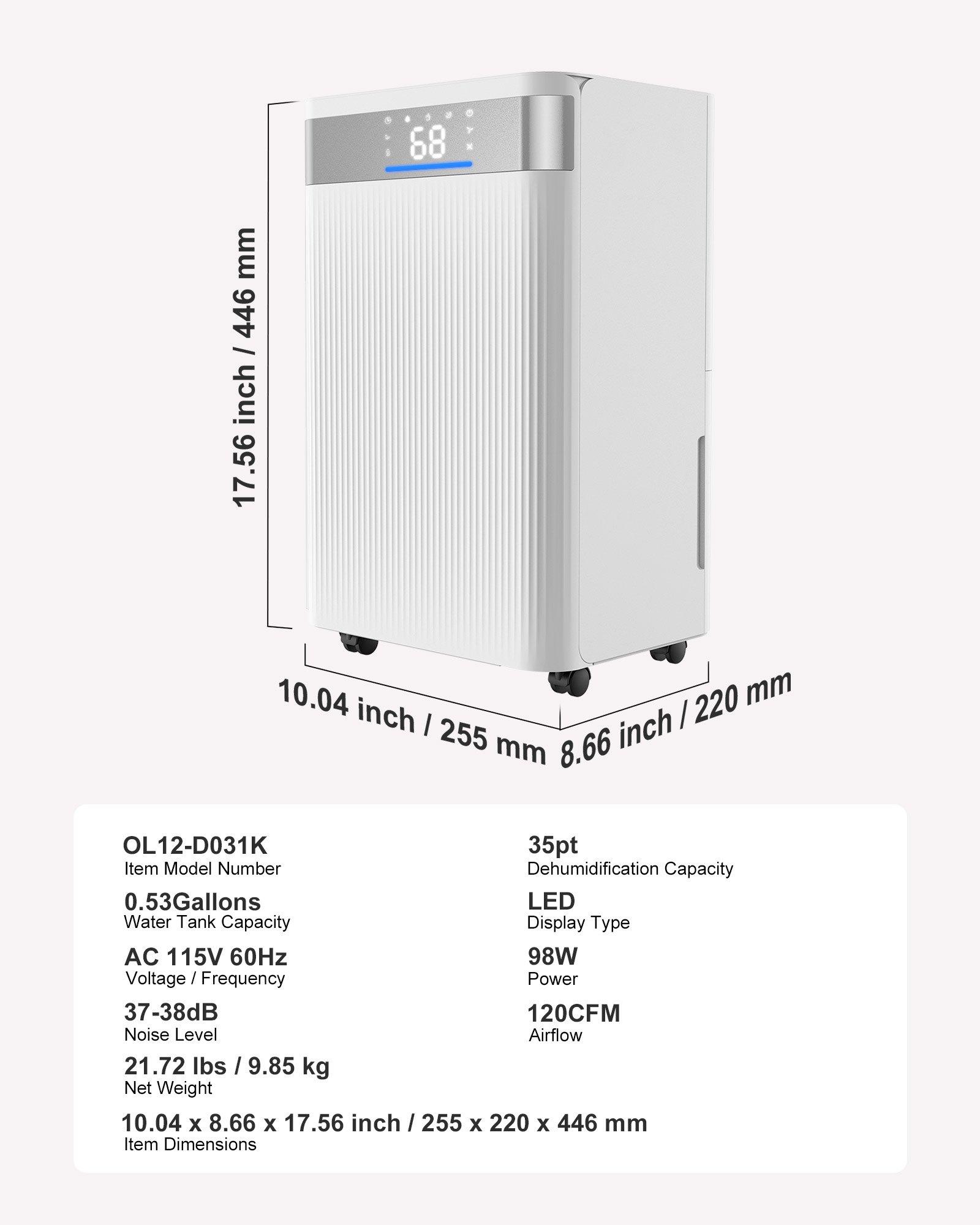 VEVOR 35 Pints Dehumidifier for Home Basement, Drain Hose for Commercial Industrial Use, Smart Humidity Control, Low Noise for Large Rooms, Warehouses, Bedrooms Storage, Large Coverage, White