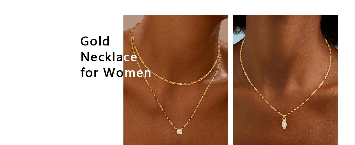 Dainty Gold Necklace for Women Non Tarnish Layered 14k Diamond Pendant Charm Gold Plated Necklaces CZ Trendy Zirconia Chain Choker Necklace Stack Gold Jewelry for Women Birthday Gift