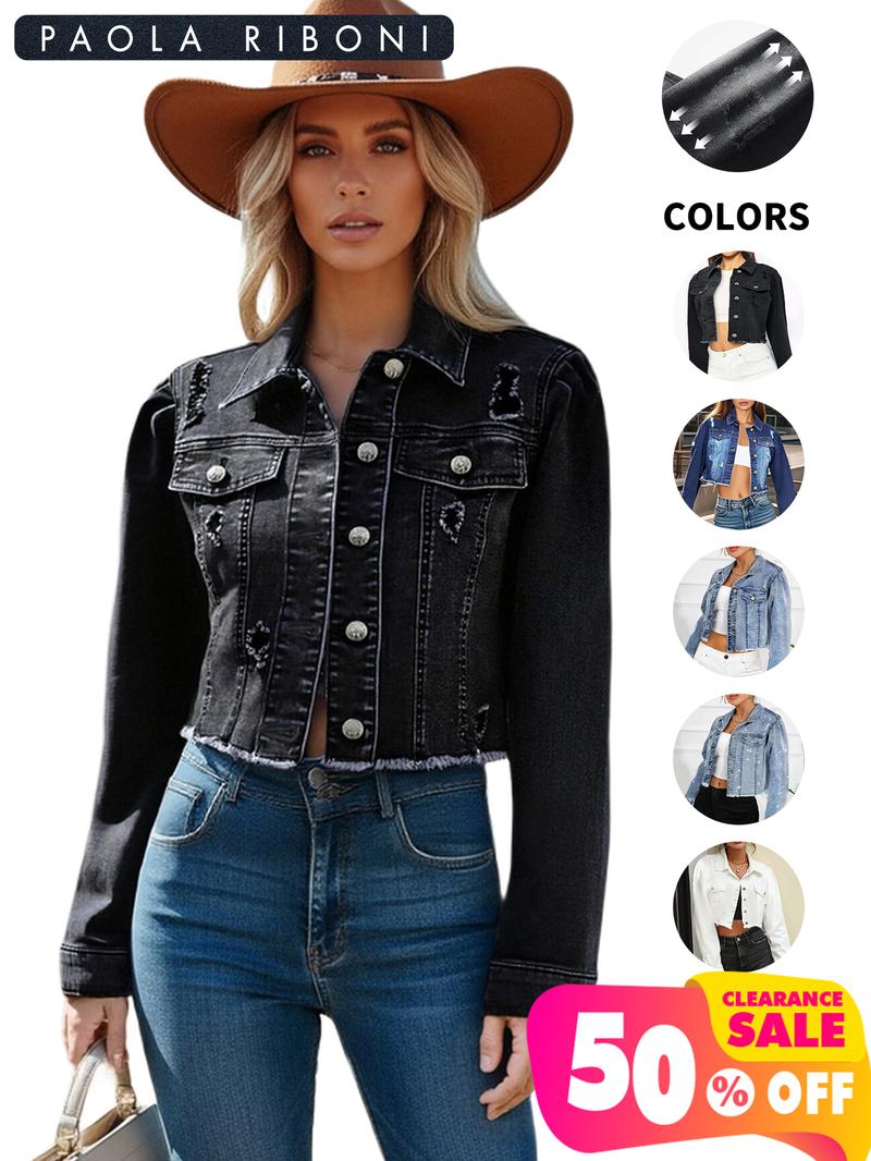 High Elasticity Denim Jacket with Fitted Design, Casual Plain Ripped Style for All Seasons, Long Sleeve Women's Outerwear