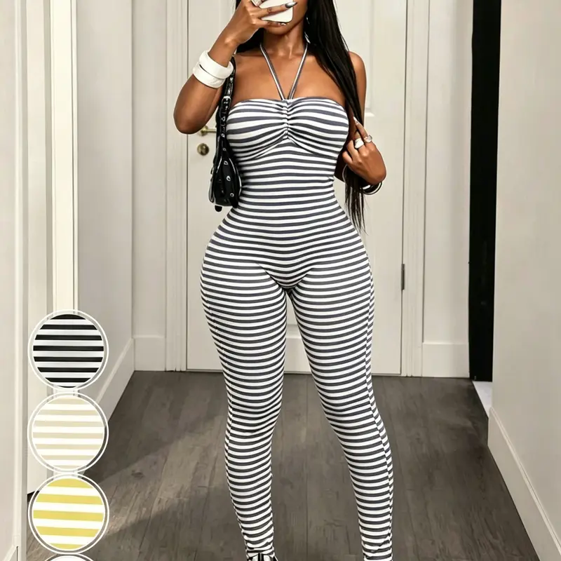 Women's Striped Halter Backless Bodycon Stretchy Tight Jumpsuit, Summer Sexy Slimming Vacation, Stripe Sleeveless Romper