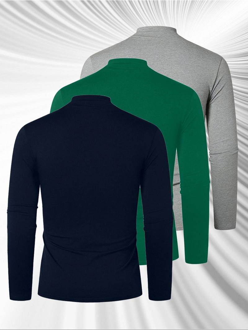 3pcs Men's Solid Color Casual Turtleneck Long Sleeve T-Shirt, Mens Fall And Winter Base Shirt, Men's Spring High Neck Shirt, Men's Summer Half High Neck Shirt, Men'S Casual Top Jacket, Suitable For All Seasons Of Casual Items