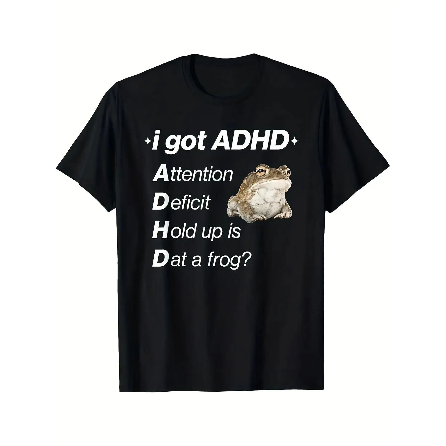 Men's Classic Cotton Short-Sleeve Graphic T-Shirt - Funny ADHD Awareness "I Got ADHD Attention Deficit Hold Up Is Dat A Frog" Black Crew Neck, Casual, All-Season, Durable, for Parties, Sports, Shortsleeve, Soft