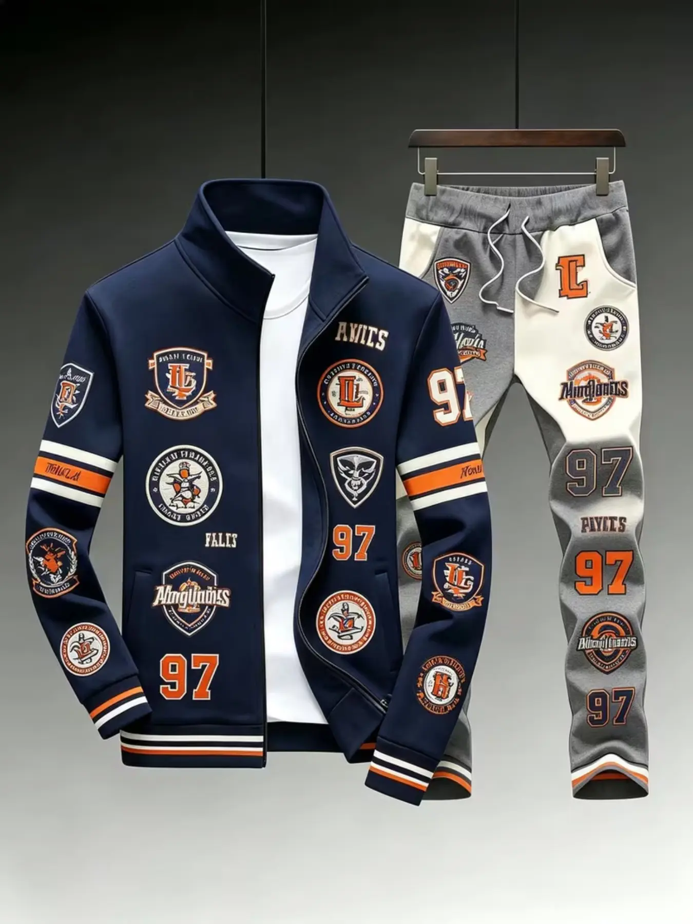 Men's 2-Piece American College Badge Sports Set, Full Print Stand Collar Jacket, Colorblock Drawstring Pants, Retro Street Style