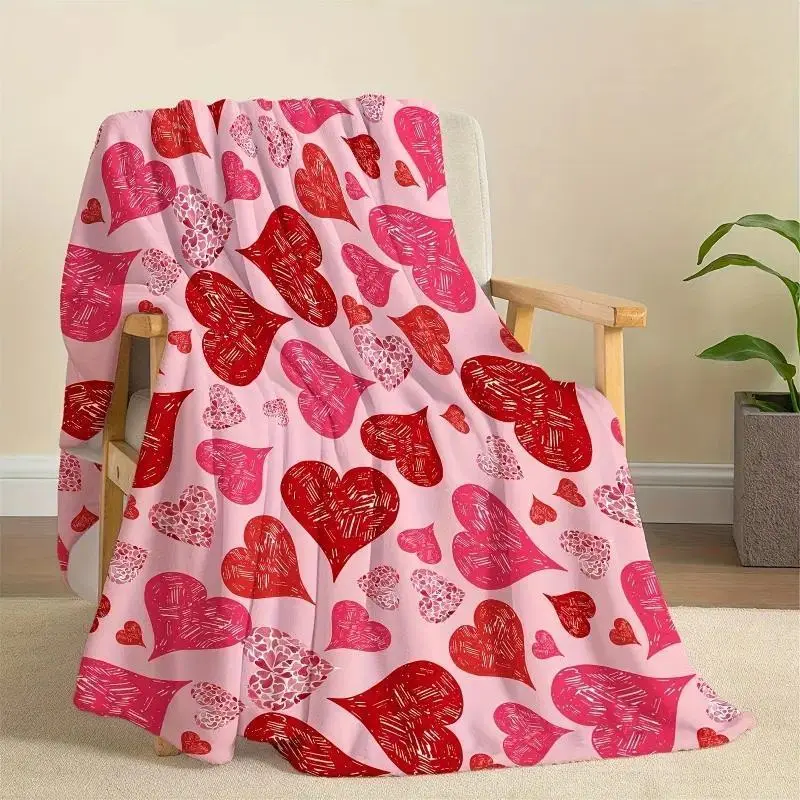 Valentine's Day Romantic Flannel Throw Blanket - Lightweight, Reversible, Stain Resistant, Red & Pink Heart Prints - Machine Washable Home Decor Gift for Couch & Bed Use